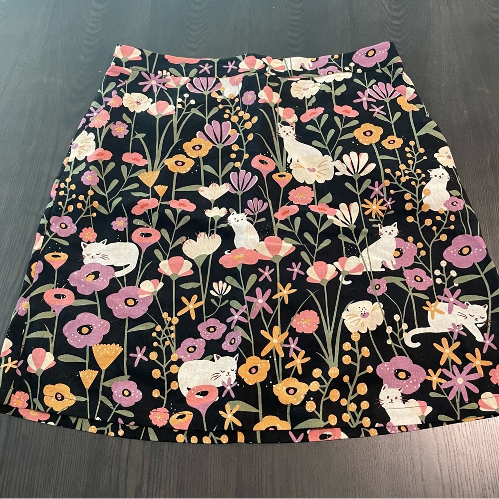 Modcloth Black Mini Skirt with Pink, Purple, Cream & Yellow Floral Cat Print